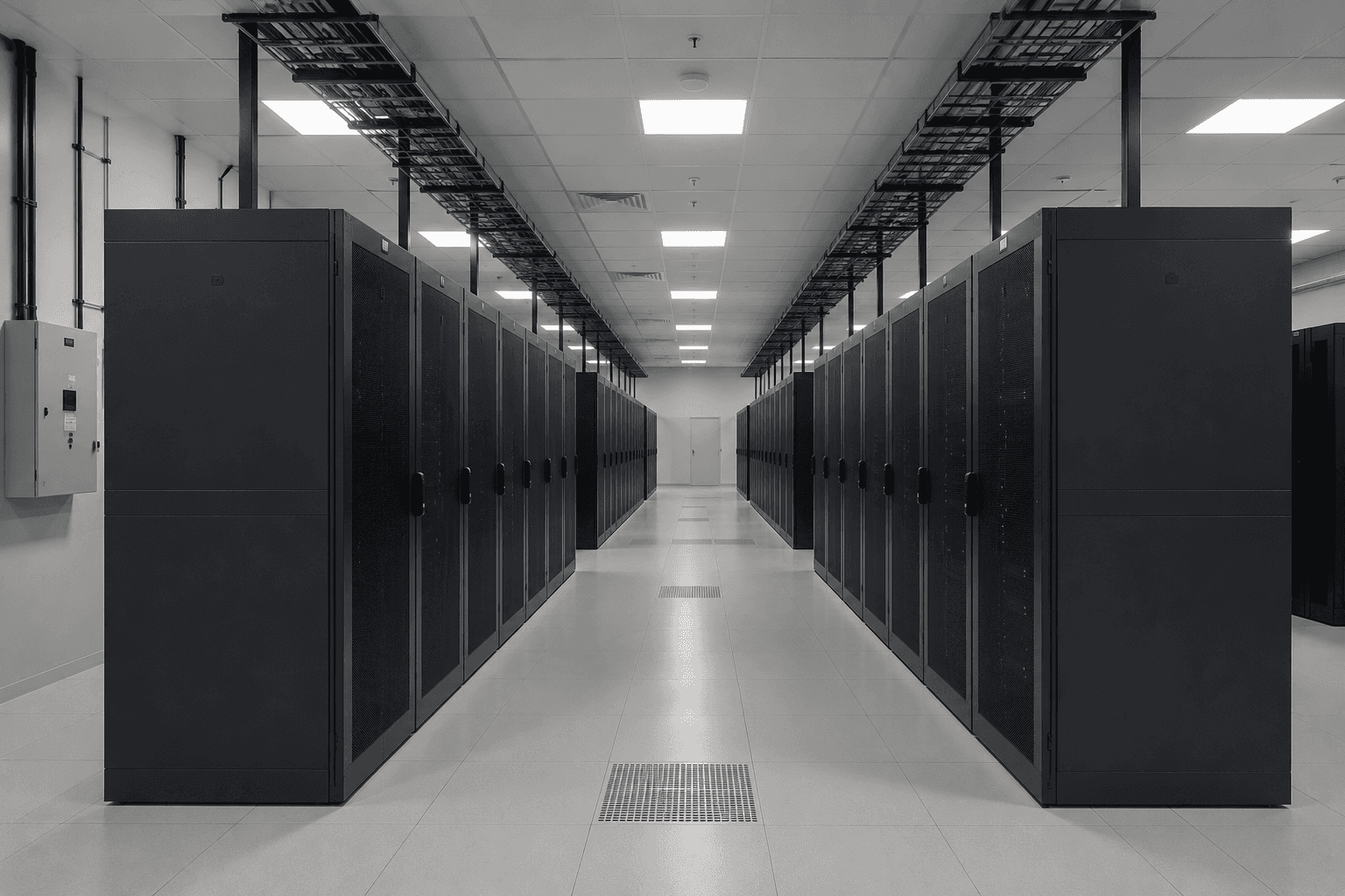 Data center with server racks and structured cabling